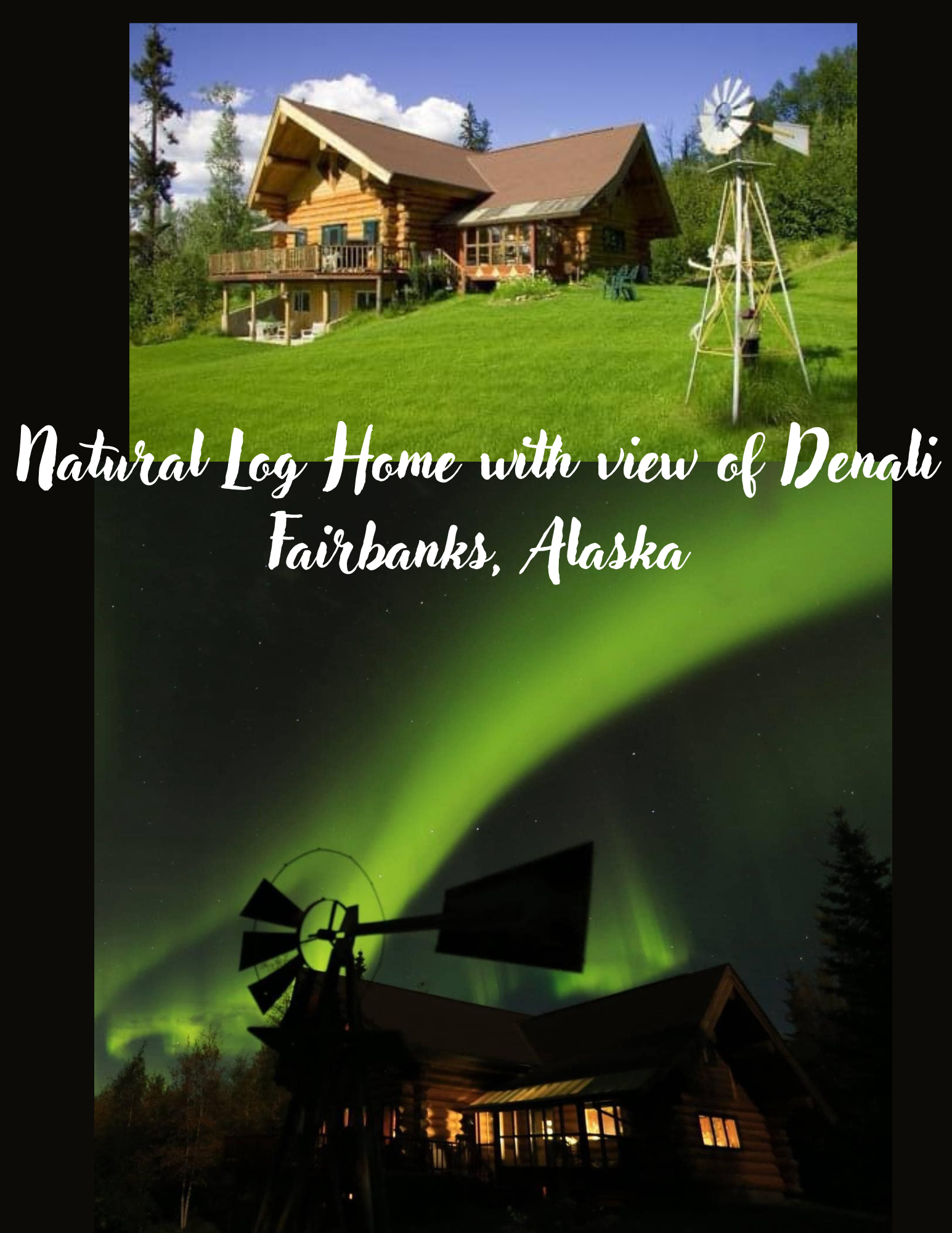 Natural Log Home with view of Denali and dark skies for aurora